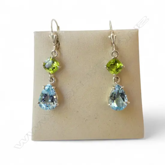 PR SILVER, PERIDOT & BLUE TOPAZ EARRINGS, CONTINENTAL LOCKS