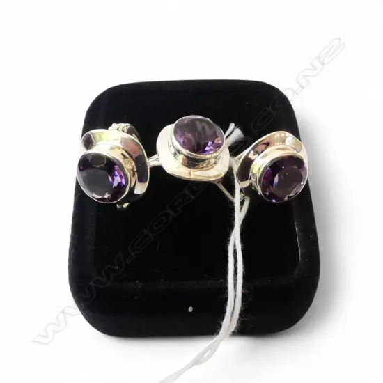 SILVER & AMETHYST SET; PR EARRINGS, omega backs & MATCHING RING