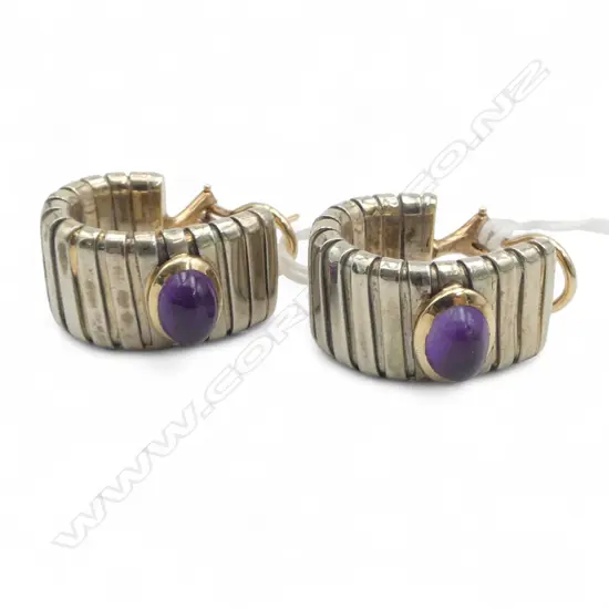 Tubogas stainless steel & 14ct gold & amethyst cabochon earrings Omega backs c.1940's. 13.8gms total