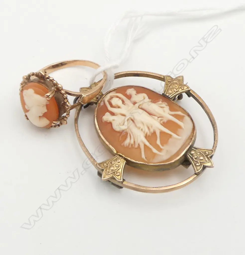9ct GOLD & CAMEO RING SIZE N & 3 Graces BROOCH 9.58gms Image 1++