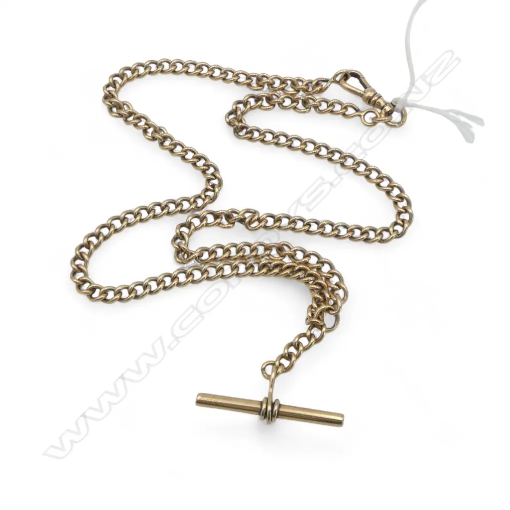 9ct GOLD CURB LINK ALBERT CHAIN NECKLACE w T-bar & 1 clip. 24.7gms Image 1++