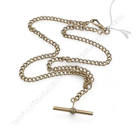 9ct GOLD CURB LINK ALBERT CHAIN NECKLACE w T-bar & 1 clip. 24.7gms