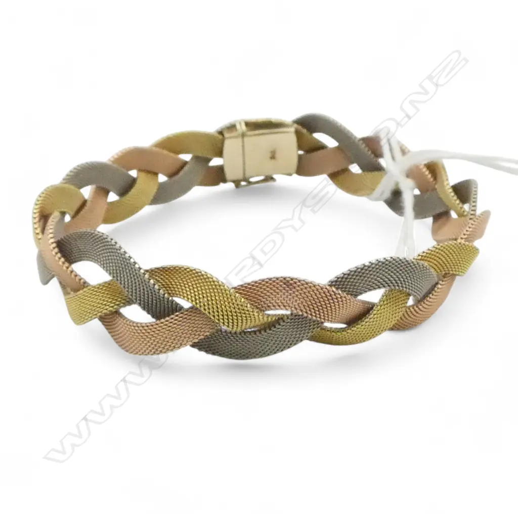 VINTAGE 9ct THREE COLOUR INTER-WOVEN GOLD BRACELET 16gms Image 1++