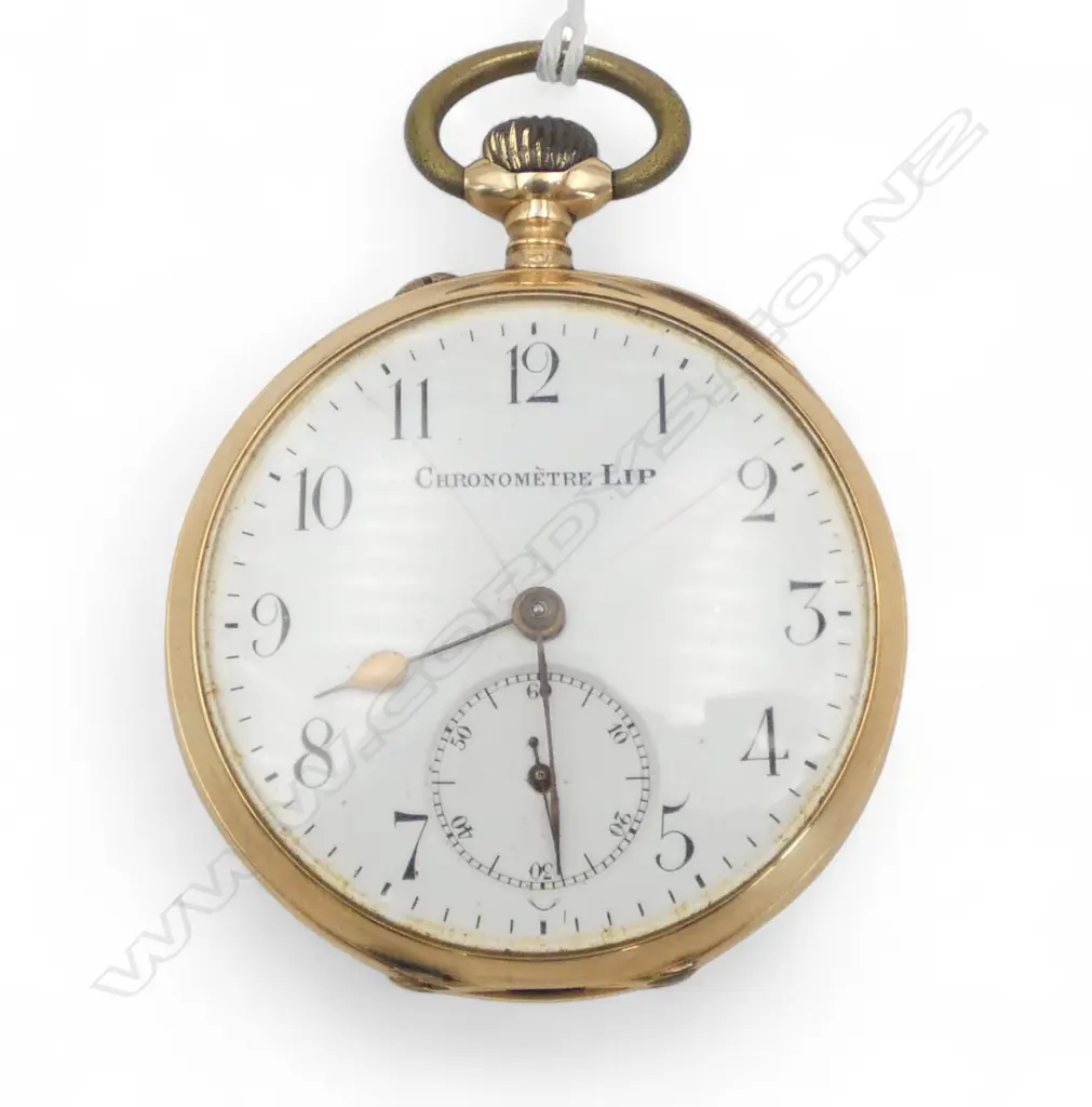 14ct GOLD GENT'S OPEN FACE POCKET WATCH 'Chronometre Lip' cracks to dial. Dust cover plated. 72gms Image 1++
