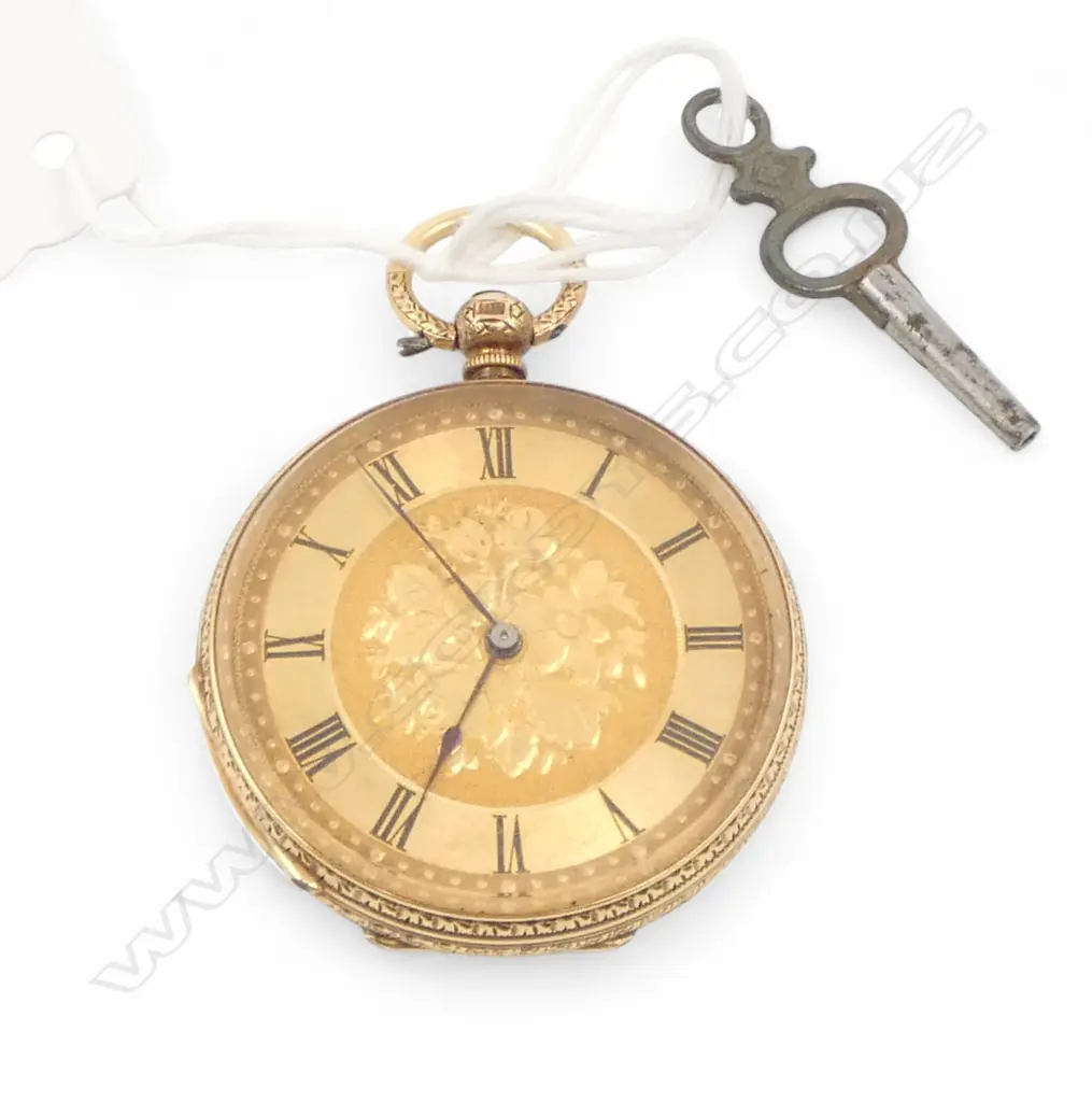 18ct GOLD Baume Swiss 19thC MID-SIZE POCKET WATCH running with key. 40gms Image 1++