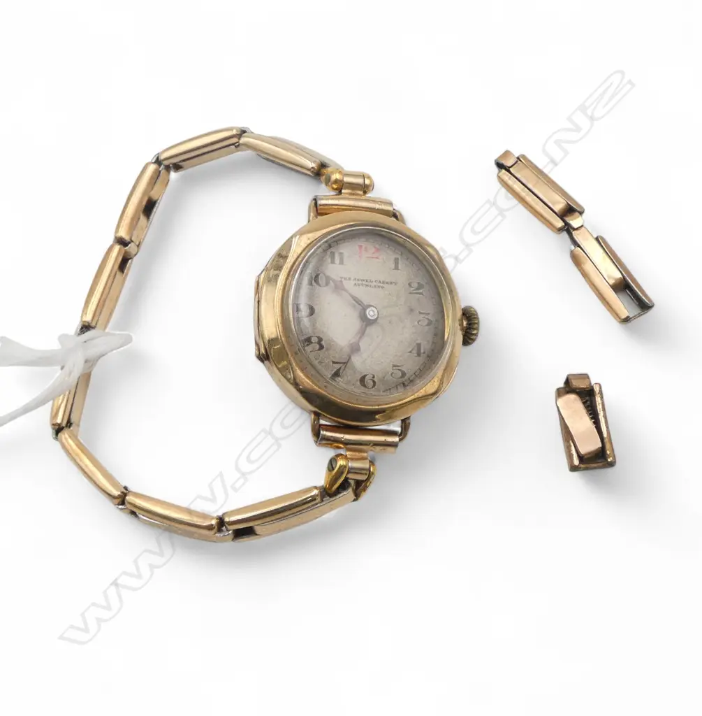 ANTIQUE 9CT WRIST WATCH + PLATED STRAP & STRAP PARTS. 21.9gms total Image 1++