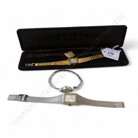4 VINTAGE LADIES WRIST WATCHES INCL. gold plated OMEGA crown loose in box