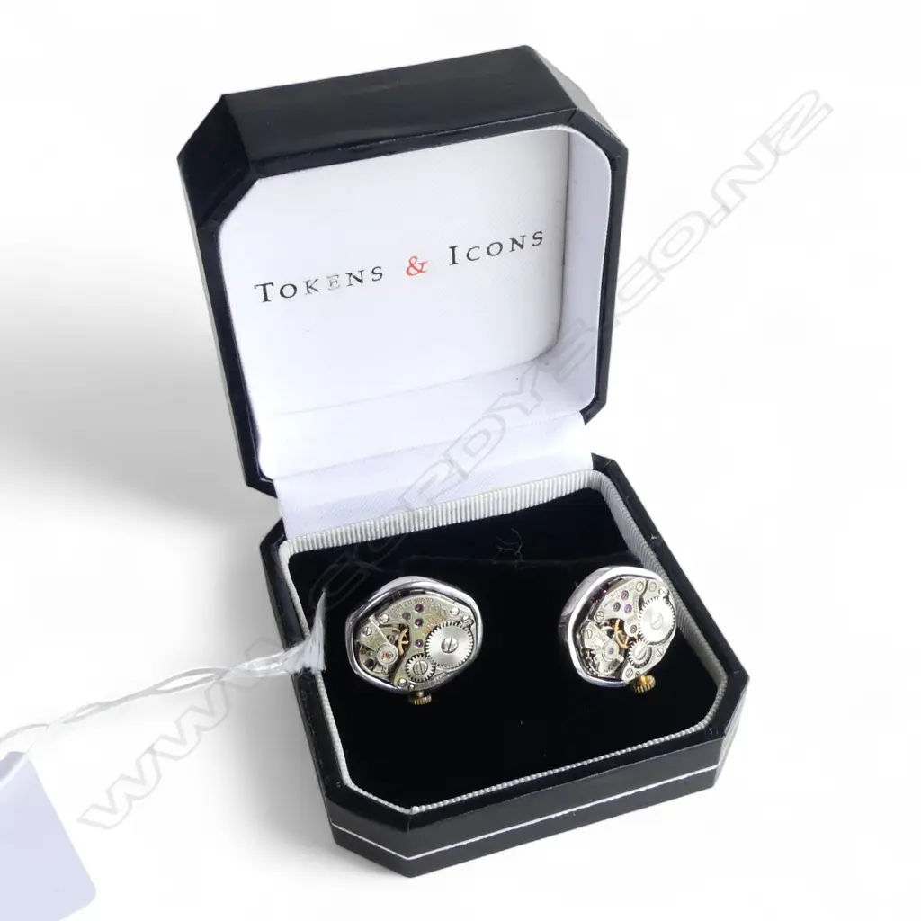 PR WATCH MOVEMENT CUFFLINKS, SET IN STG SILVER, 15gms Image 1++