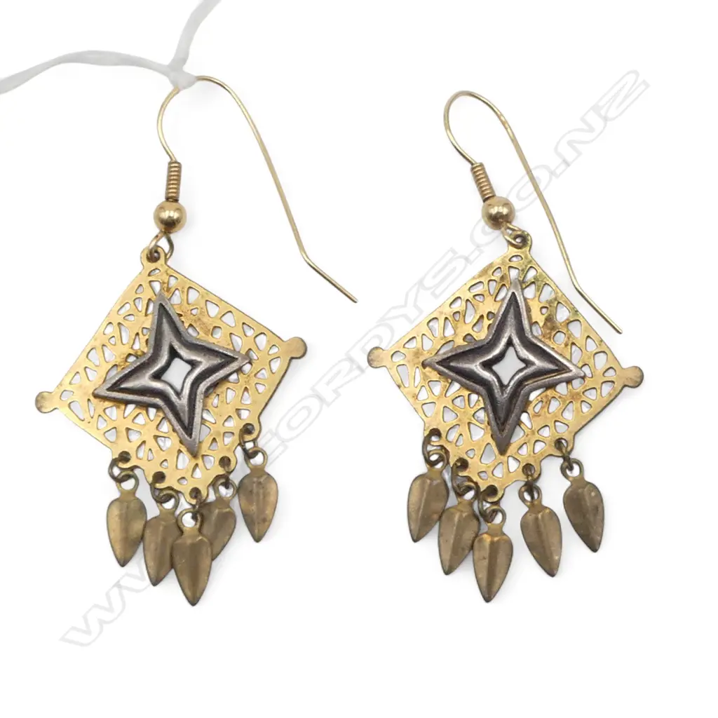 PR VINTAGE DESIGNER DROP EARRINGS with spade form tassel fringe Image 1++