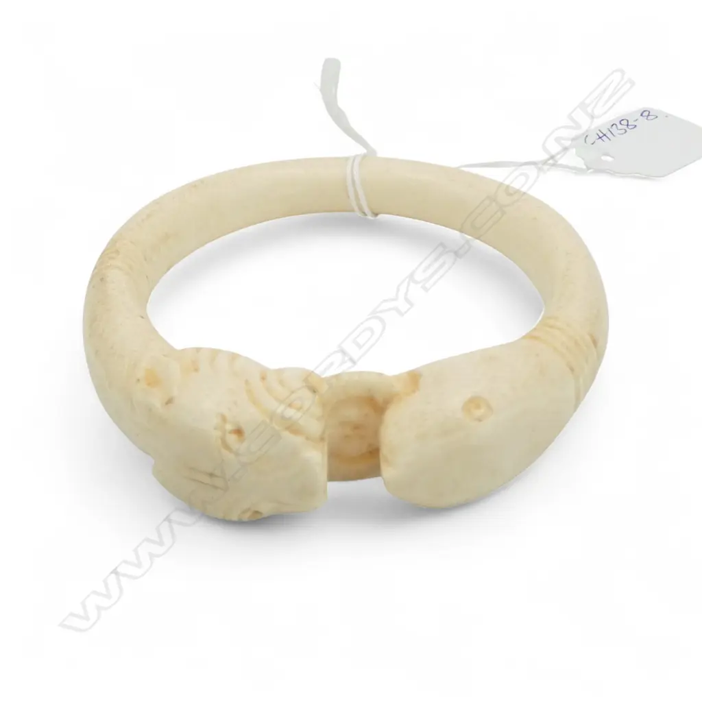 LGE SOLID IVORY BANGLE lion & snake heads opposing  Image 1++