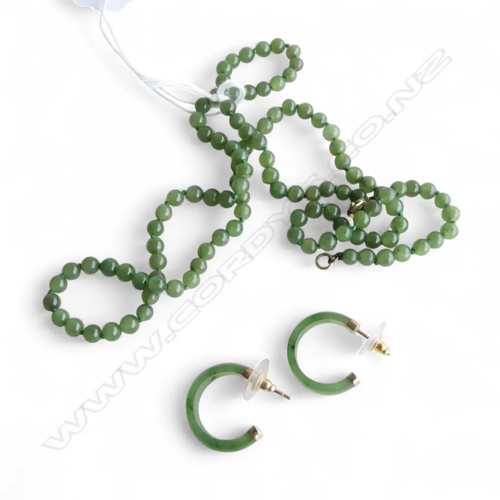 GREENSTONE BEAD NECKLACE L.570mm + PR HOOP EARRINGS Image 1++