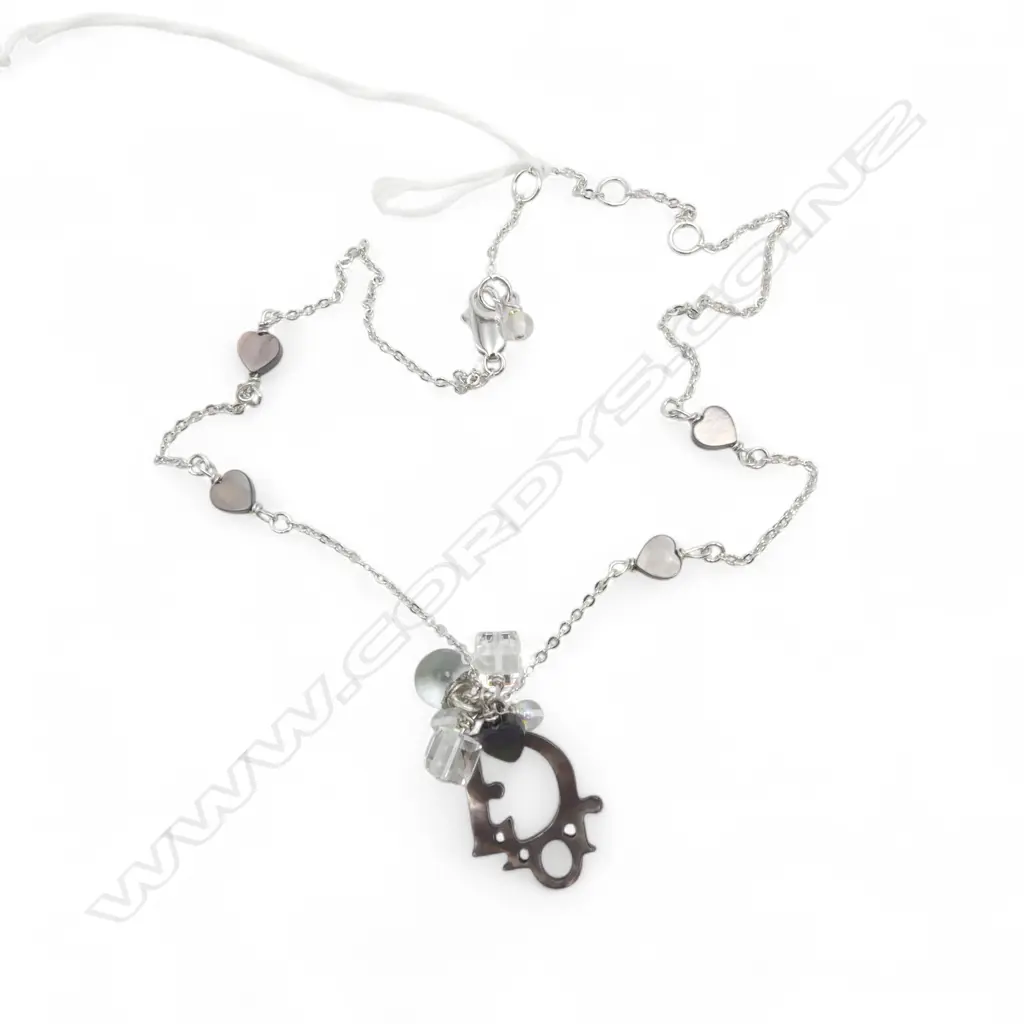 CHRISTIAN DIOR CHARM NECKLACE w Dior charm, hearts & crystals, L.400mm Image 1++
