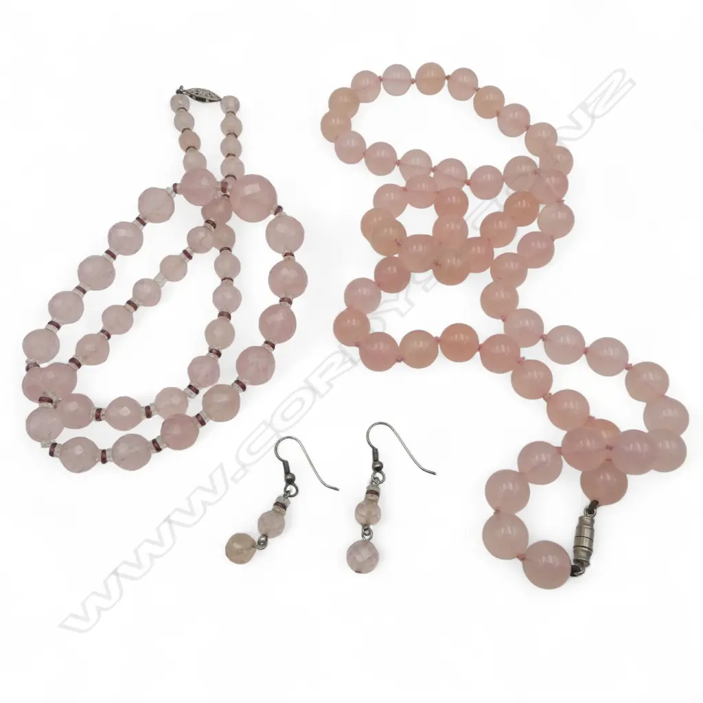 2 VINTAGE ROSE QUARTZ NECKLACES + pr earrings: facetted L.580mm & round L.720mm beads Image 1++