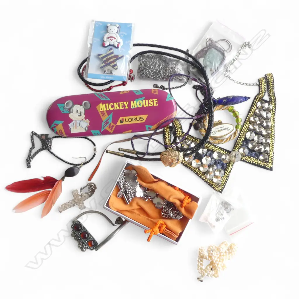 BAG OF ASST. COSTUME JEWELLERY: NECKLACES + EARRINGS + JADEITE ? PENDANT ETC Image 1++