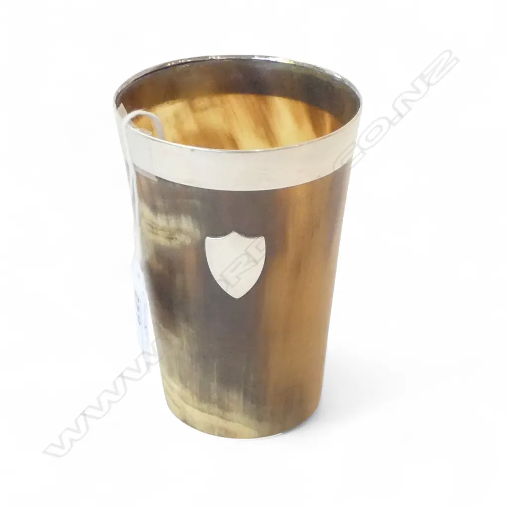VICTORIAN SILVER MOUNTED & HORN CUP glass bottom H.115mm Image 1++