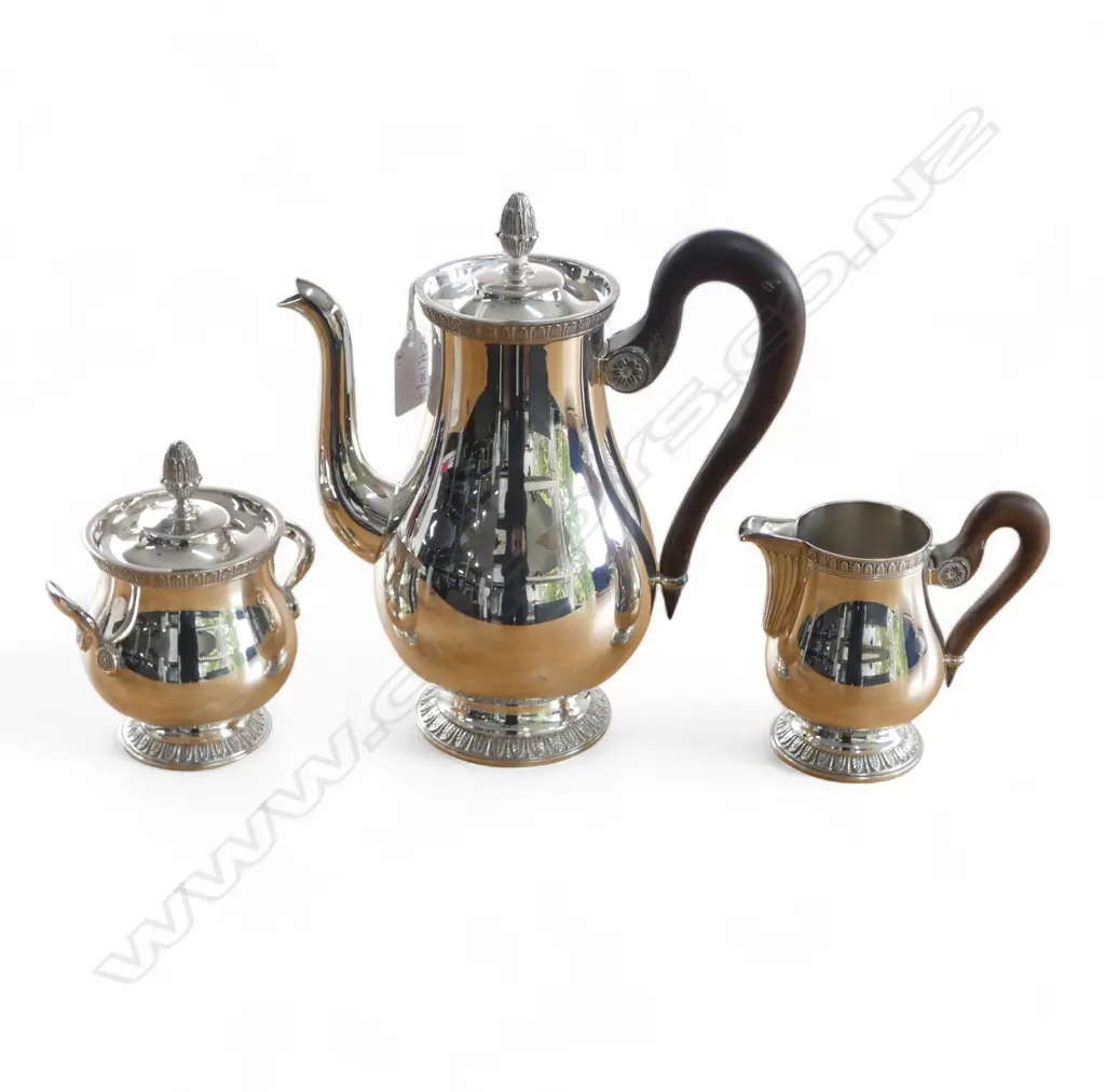 3 PCE CHRISTOFLE SILVER PLATE COFFEE SET; POT H.240mm, MILK JUG & LIDDED SUGAR BOWL Image 1++