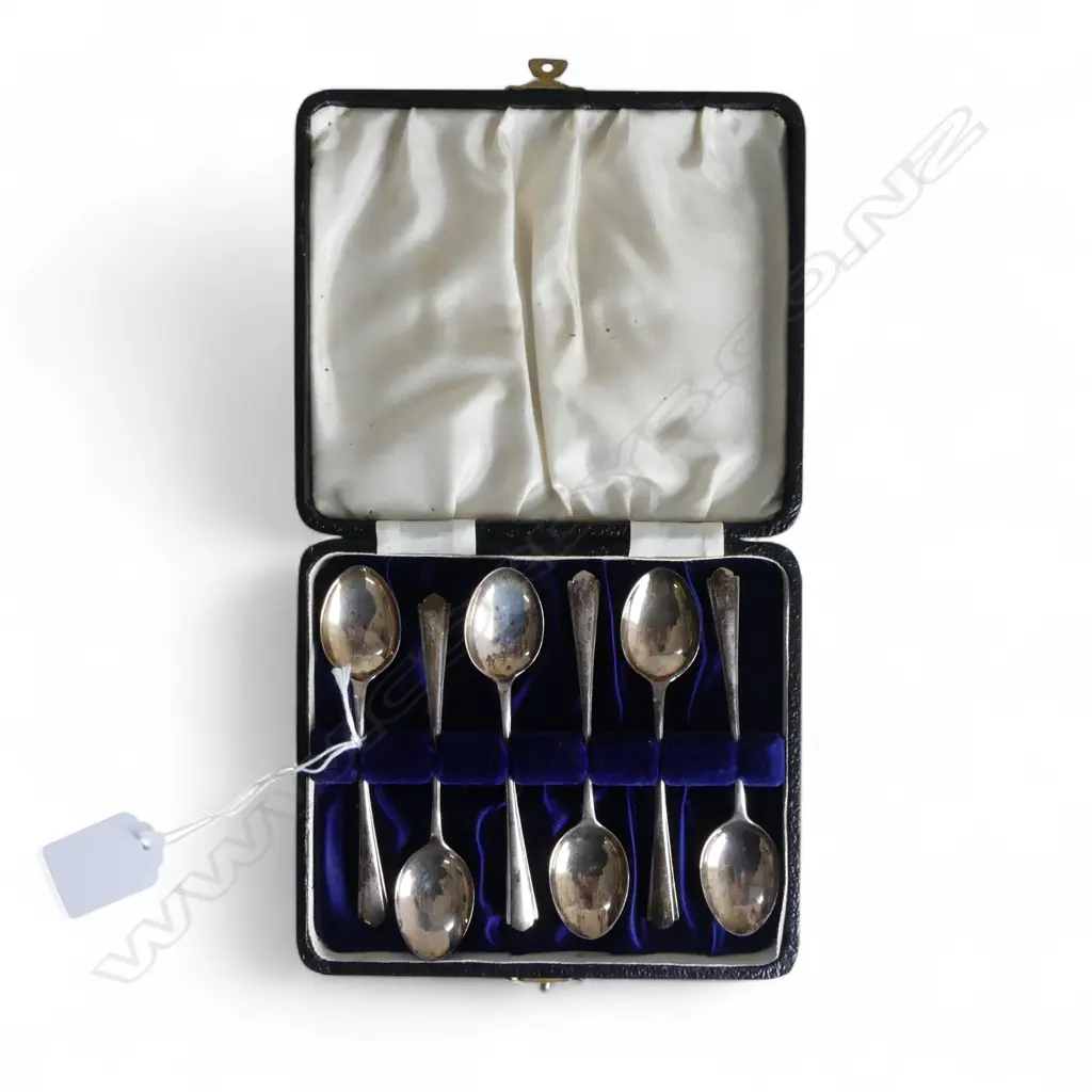 6 STG SILVER TEAPOONS, B'HAM FIRST HALF 20thC 63gms, CASED Image 1++