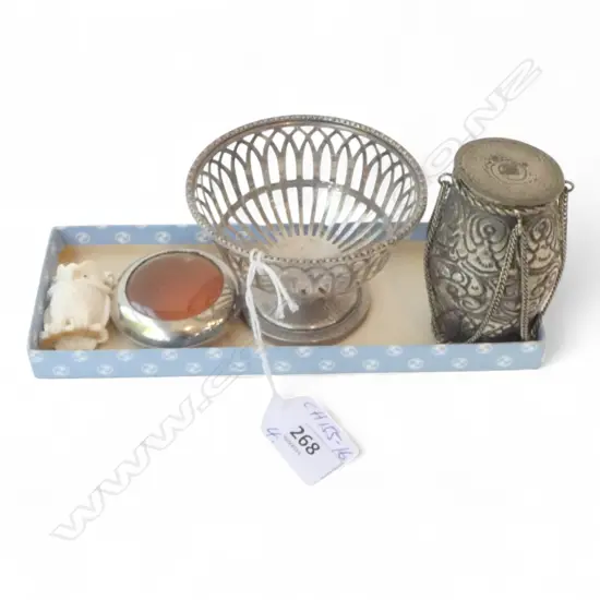 SILVER pierced bonbon BASKET weighted base + SILVER ? DRUM CONTAINER + BONE OWL + WATCH outer CASE