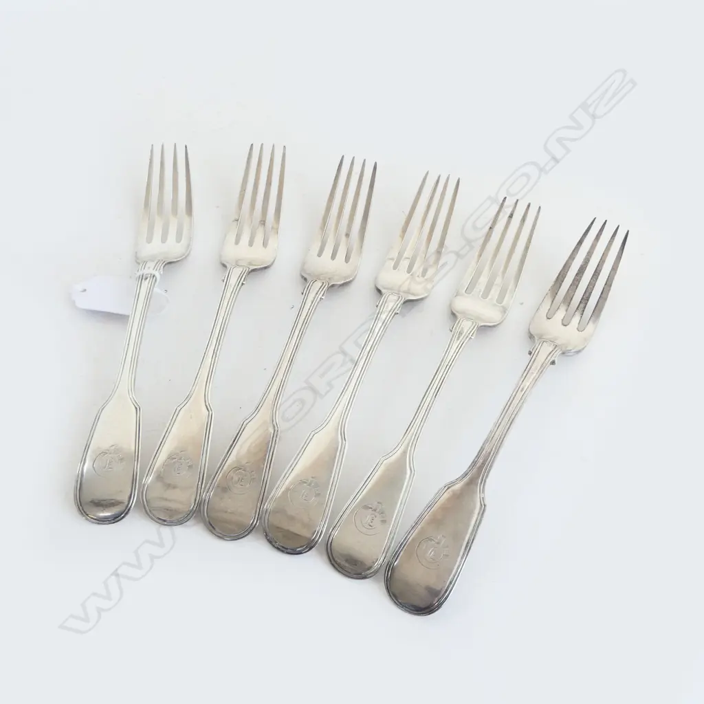 SET 6 GEORGE III SILVER TABLE FORKS fiddle & thread pattern London 1817 388gms Image 1++