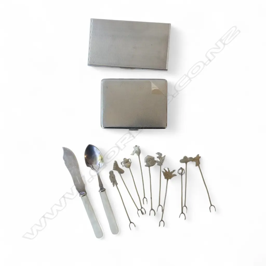 ALPACA COCKTAIL FORKS + EPNS BUTTER KNIFE & JAM SPOON + 2  CHROME PLATED CIGARETTE CASES Image 1++