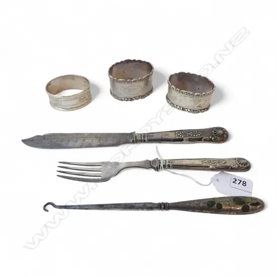 PR + 1 STG SILVER NAPKIN RINGS 70gms, STG SILVER HANDLED K/F & SILVER BOOT HOOK