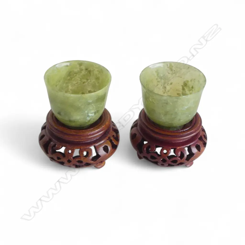 PR CHINESE MINI JADEITE FINELY TURNED CUPS Dia.37mm on carved wood stands Image 1++