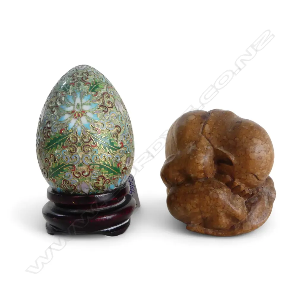 CLIOSONNE EGG ON STAND h.110mm + CARVED CONTORTED FIGURE Image 1++