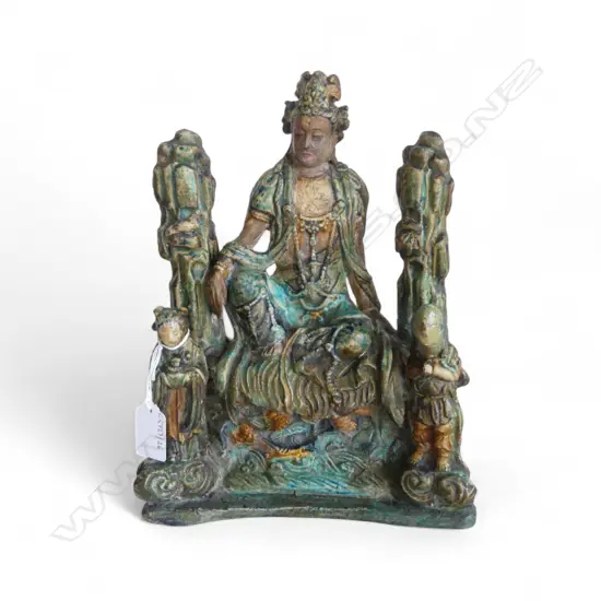 CHINESE GLAZED TERRACOTTA TEMPLE FIGURE & ATENDANTS H300MM