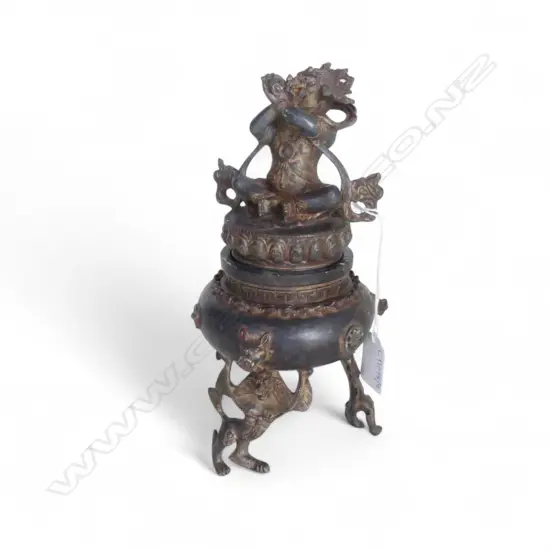ORIENTAL GILT METAL LIDDED FOOTED CONTAINER H.225mm