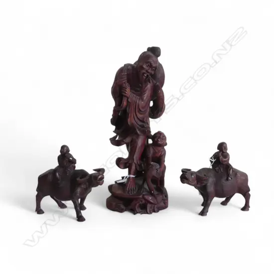 CHINESE ROSEWOOD CARVING of FISHERMAN, H.360mm & PR CARVED BUFFALO w RIDERS, H.150mm