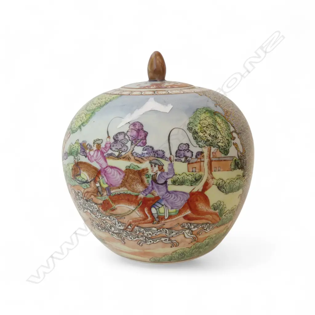ORIENTAL LIDDED GINGER JAR polychrome glaze depicting both english hunting & chinese blossom scene Image 1++