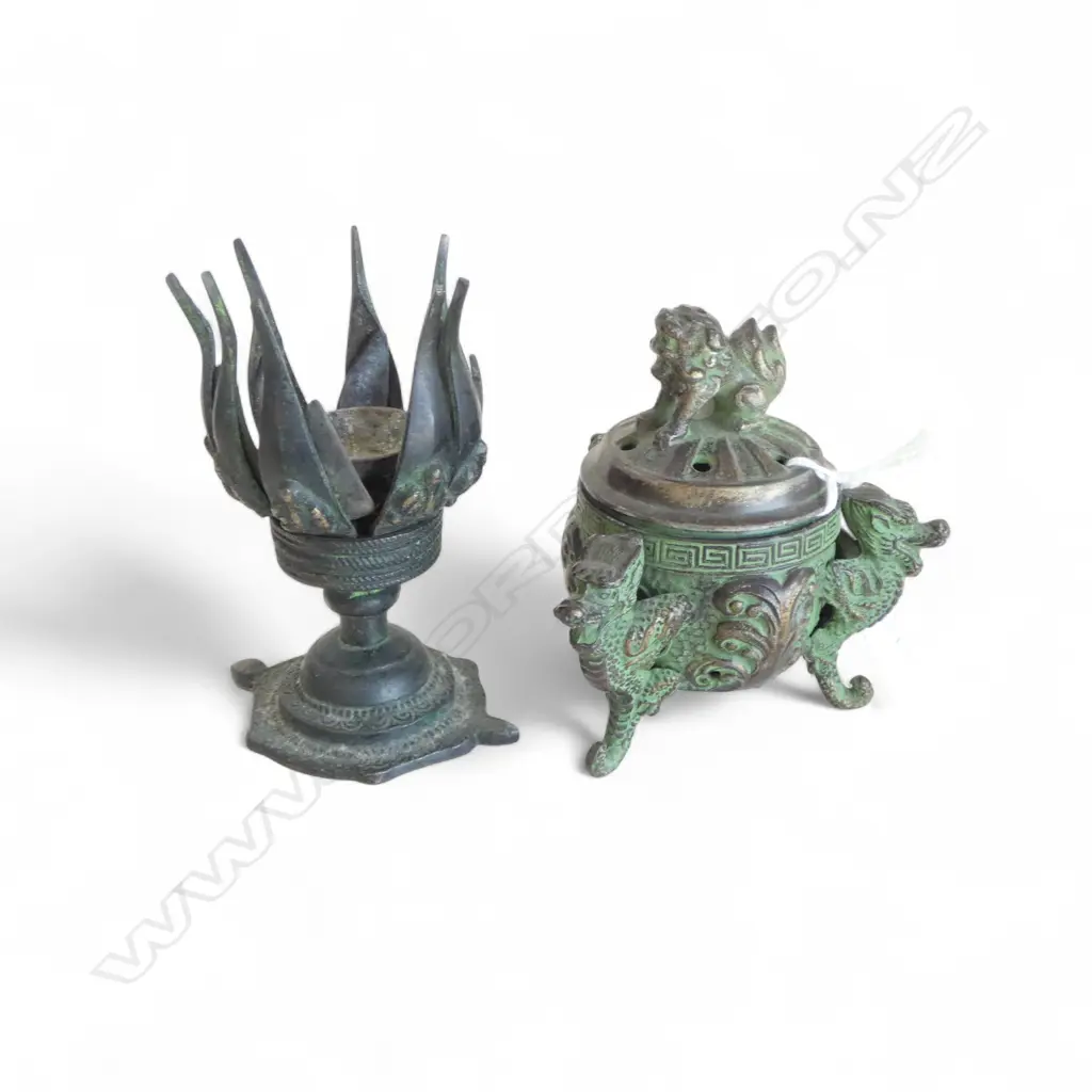 2 ORIENTAL BRONZE INCENSE BURNERS H.105mm Image 1++