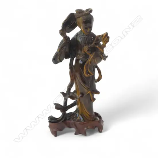 CHINESE CARVED TIGERSEYE FIGURE AF H200MM ON WOOD STAND