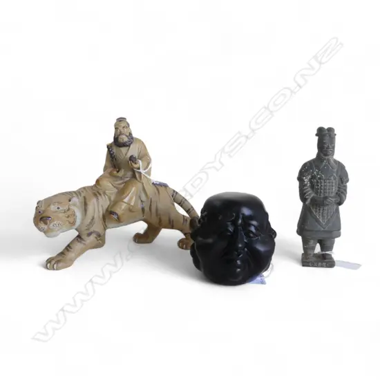 3 PCS ORIENTAL, 4 FACES of BUDDAH, TIGER FIG. & TERRACOTTA SOLDIER FIG.