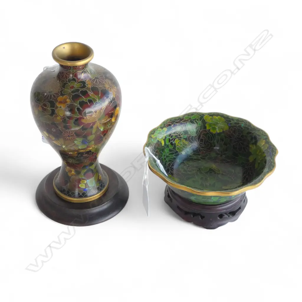 CHINESE CLOISONE BOWL DIA130MM & CHINESE CLOISONE VASE 180MM ON WOOD BASE Image 1++