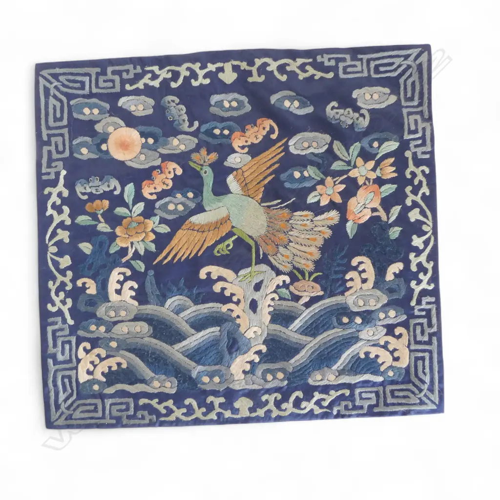 EMBROIDERED CHINESE RANK BADGE crane perched on blue ground 275x295mm Image 1++