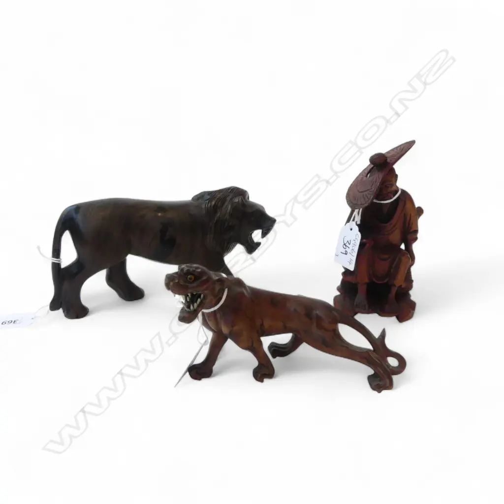 VINTAGE CARVED WOOD LION L180MM TIGER L160 & CHINESE FIGURE H130MM Image 1++