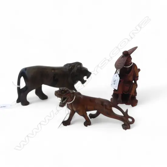 VINTAGE CARVED WOOD LION L180MM TIGER L160 & CHINESE FIGURE H130MM