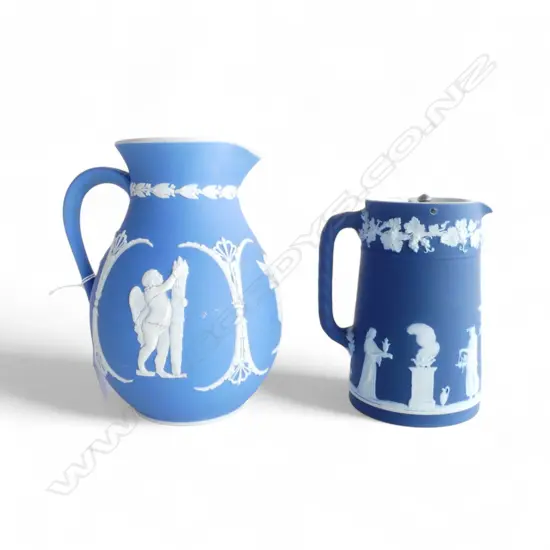 2 WEDGWOOD BLUE JASPER WARE JUGS H.190mm 1 w. REPAIRED RIM