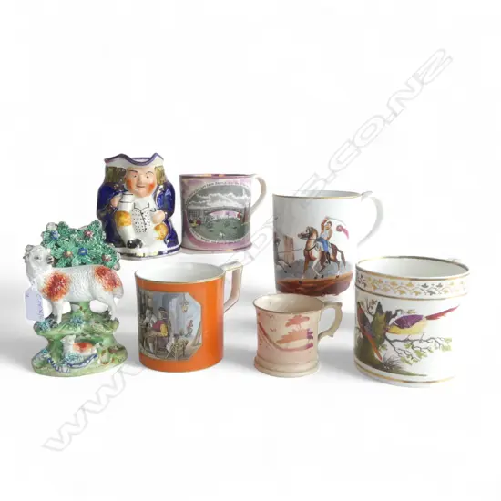 5 ANTIQUE CUPS (3 AF), TOBY JUG, SHEEP FLAT BACK