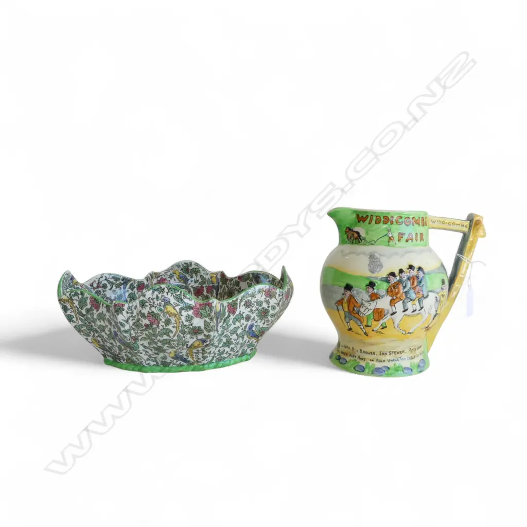 ROYAL DOULTON 'PERSIAN WARE' PARROT BOWL W.280mm + WIDDICOMBE FAIR MUSICAL JUG H.180mm Image 1++