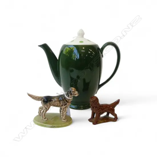 ROYAL WINTON GREEN POLKA DOT COFFEE POT + 2 DOG ORNAMENTS