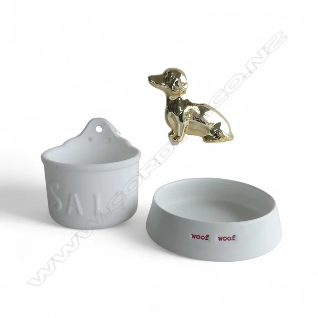 MILK GLASS SALT BOWL, KEITH BRYMER JONES 'WOOF WOOF' DOG BOWL, GOLD DOG  Image 1++