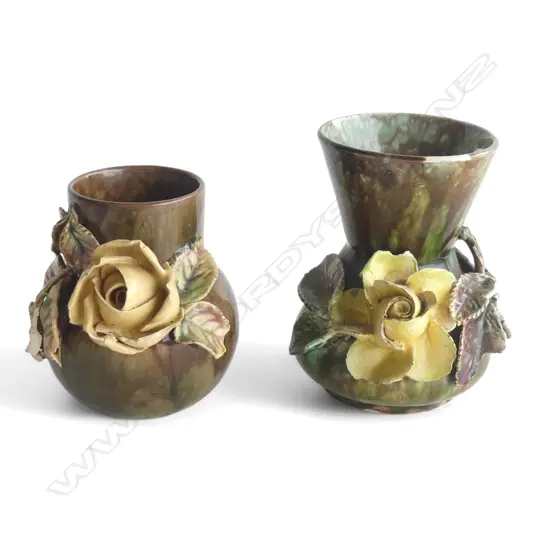 2 MAJOLICA VASES ATTRIBUTED TO MILTON POTTERIES unmarked, some losses H.120 & 100mm