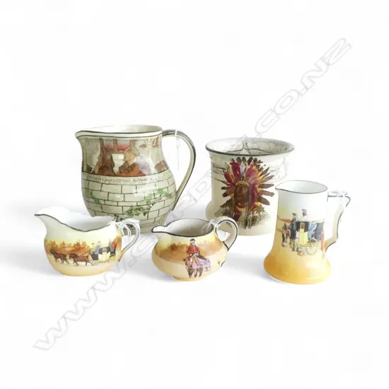 5 PCS ROYAL DOULTON; 4 JUGS, ASST. SIZES & HIAWATHA SML JARDINIERE, H.120mm