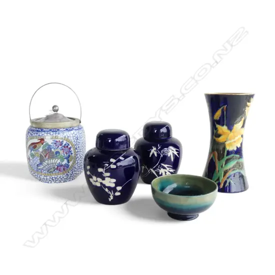 5 PCES CHINA; PR LIDDED GINGER JARS, MOORCROFT BOWL 110mm dia, ADAMS BISCUIT BARREL, CORONAWARE VASE H.200mm