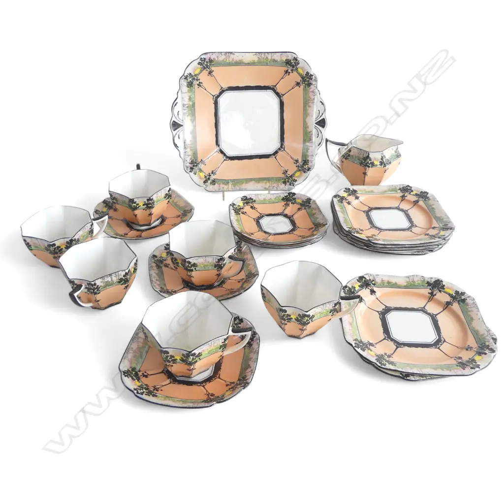 SHELLEY  DECO CHINA AURTUM PAT TEASET 6CSPS CAKE PLATE & CREAM JUG Image 1++