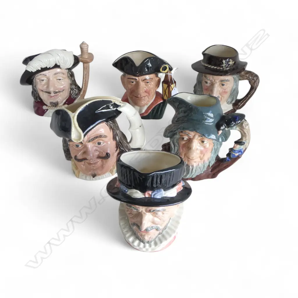 6 ROYAL DOULTON CHARACTER JUGS; NIGHT WATCHMAN, BEEF EATER, PORTHOS, IZAAK WALTON, RIP VAN WINKLE, CAPT HENRY MORGAN Image 1++