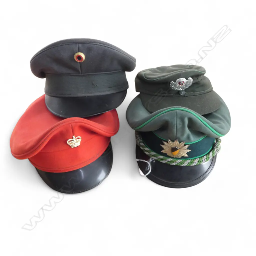 COLLECTION OF 4 PEAKED MILITARY CAPS VARIOUS ARMIES Image 1++