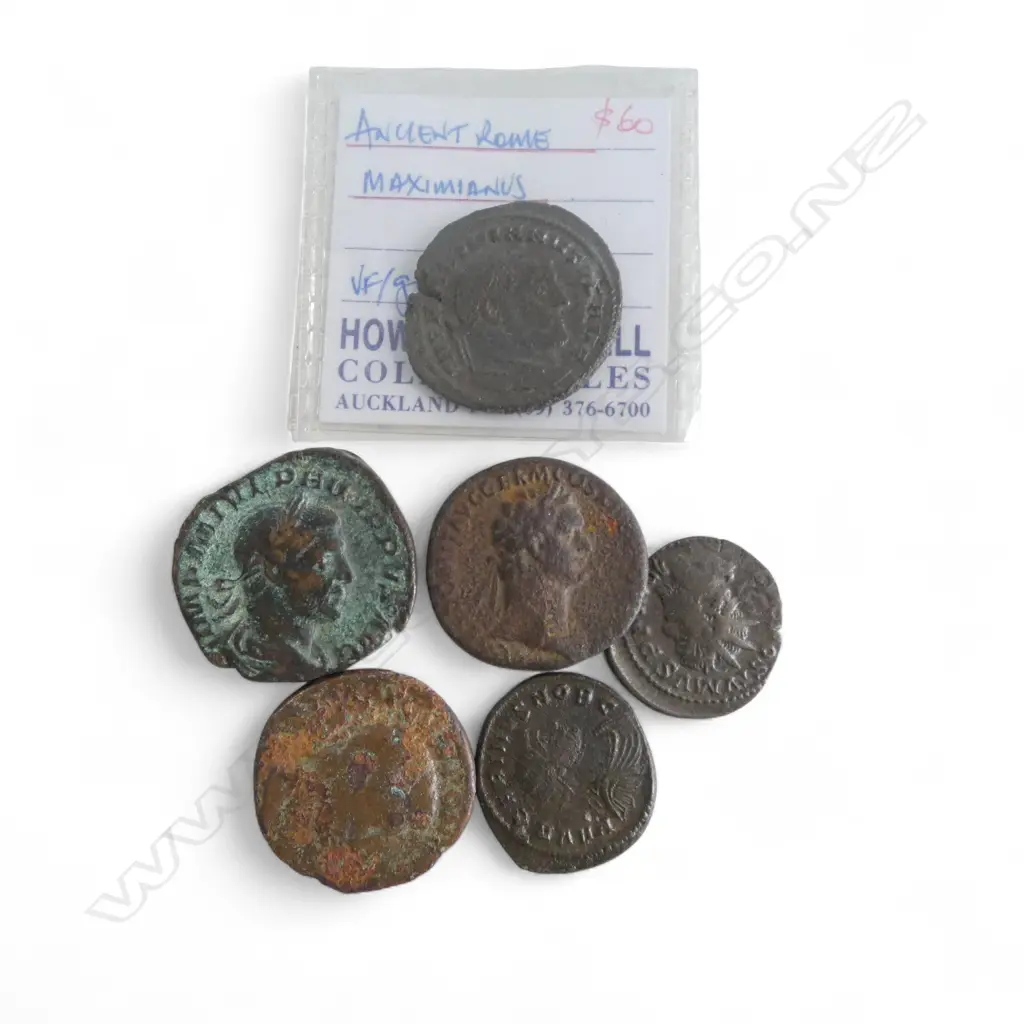 6 ROMAN COINS: AVGUSTVS - DOMITIAN - MAXIMIANVS - PHILIP I - POSTVMVS - CARINVS Image 1++